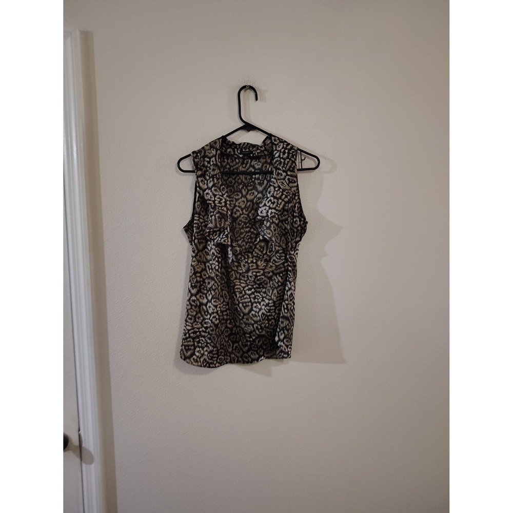Ann Taylor Women Brown Ikat Animal Print Ruffle V-Neck Sleeveless Blouse Size 8
